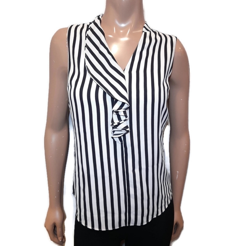 Asymmetric Ruffled Striped Sleeveless Blouse Sheer Overlay Top